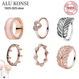 Fit Original Real 925 Sterling Silver pan ring Scintillante Piuma di cristallo Oro rosa Per le donne Gioielli di moda fai da te 211217