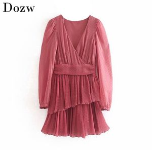 Cascading Ruffle Women Solid Puff Sleeve Mini Dress Sweet Pink Ladies V Neck Pleated Fashion Brodery Wrap Short Es 210515