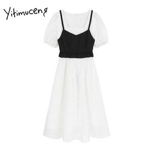 Yitimuceng Gefälschte 2 Stück Kleider Frauen Sommer mit Schal Hohe Taille Puff Sleeve A-Line Solide Weiß Koreanische Mode Kleid 210601