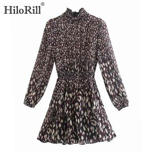Streetwear Leopard Print Mini Dresses For Women Transparent Long Sleeve Pleated Elastic Waist Lady Chiffon 210508
