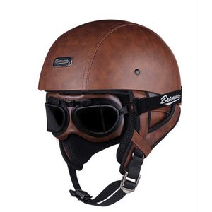 Retro PU Läder Motorcykel Hjälm Vintage Kvinnors Scooter Halvhjälm Mäns Elmotorbike Hjälm Moto Casco med Goggles Q0630