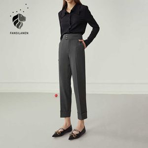 Fansilanen casual cintura alta terno calça mulheres plissadas retas pretas calças femininas escritório elegante outono inverno 210607