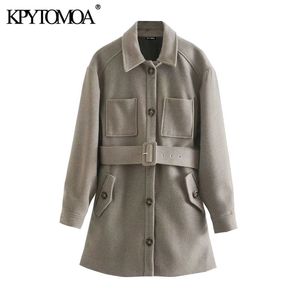 Moda damska z pasem luźny woolen płaszcz vintage z długim rękawem kieszenie kobiet odzieży wierzchniej elegancki płaszcz 210416