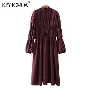 Women Chic Fashion Elastic Gathering Detail Loose Midi Dress Vintage Long Sleeve Side Vents Female Dresses Mujer 210416