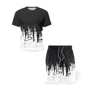 Men's Tracksuits Chinese Ink T-Shirt Shorts 2-Piece Set Summer Beach Fashion High Quality Oversized Couple Lovers Family Ocean Seaside Part