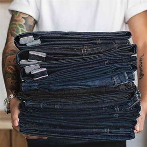 Maden Vintage Męskie Denim Jean Big wysoki regularne dopasowanie proste nogi surowe selvedge dżinsy ciemne niebieskie spodnie klasyczne spodnie Trous 210716