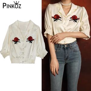 vintage rose flower embroidery white short puff sleeve single breasted casual daily shirt woman young blouse blusen damen 210421
