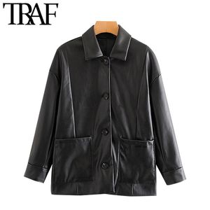 Women Fashion Faux Leather Button-up Loose Jacket Coat Vintage Long Sleeve Pockets Female Outerwear Chic Tops 210507