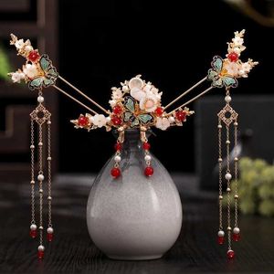 Kinesisk Traditionell Butterfly Flower Tassel Tiara Crown Headpiece Örhängen Xiuhe Bride Hanfu Bröllop Hår Tillbehör Smycken H1022