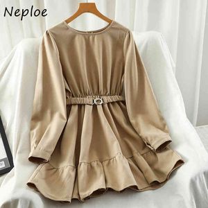 Neploe O-Neck Slow Sleeve Ruffles Vestido Simples Vestidos Elegantes Mulheres Vintage Ins Outono Cinto Chique Cintura Slim Vestidos 1H145 210423