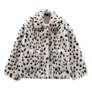 PERHAPS U Damen Beige Kunstpelzmantel Outwear Knopf Warm Dick Umlegekragen Tasche Leopard C0368 210529