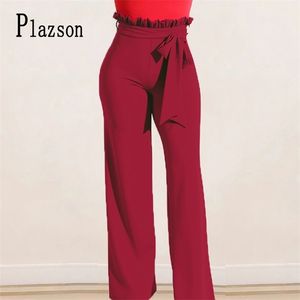 Plazson 가을 겨울 여성 벨트 팰리 로즈 바지 느슨한 긴 바지 높은 허리 넓은 다리 바지 Streetwear Pantalones 211216