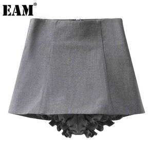 [EAM] Hohe Taille Grau Rüschen Casual Solide Farbe A-Line Halbkörper Rock Frauen Mode Frühling Sommer 1DD7458 210512