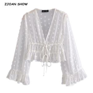 Vintage Tie Łuk Sznurowanie UP Dostosuj Bandaż 3D Dot Voile Cardigan Bluzka Białe Kobiety Flare Rękaw Wakacyjny Crop Koszula Topy 210429