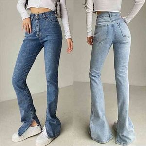 Kvinnor Jeans Distressed Skinny Denim Pants Slim High Waist Femme Flare Stacked Mom Rak Ben Vaqueros Mujer Split Vintage Y2K 210809