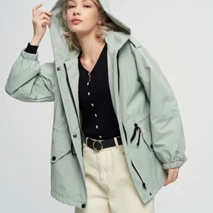 donna moda elastico in vita tasche con lacci trench donna manica intera con cappuccio sottile giacca a vento elegante femal 210521