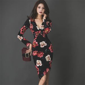 Elegancki Drukuj Sukienka Dla Kobiet Lato Lato Z Długim Rękawem V Neck Panie Bawełniane Sexy Formalne Nieregularne Suknie Midi 210602