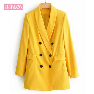 Kobiety Chic Żółty Blazer Kieszenie Double Breasted Długim Rękawem Office Wear Płaszcz Solidna Kobieta Casual Odzszenice Topy Cukierki Kolor 210507