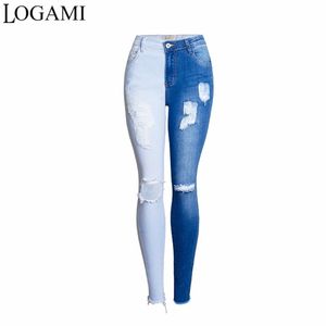 Logami Skinny Ripped Jeansの女性のコントラストカラースリムジーンズの女性のためのズボン210730