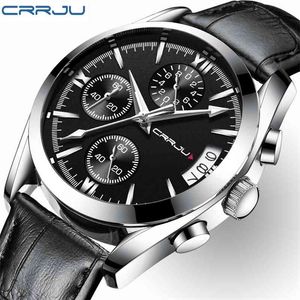 Crrju Mens Klockor Top Märke Luxury Leather Vattentät Sport Kvarts Kronograf Militär Armbandsur Män Klocka Relogio Masculino 210517