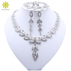 Earrings & Necklace Dubai Luxury Pearl Jewelry Set For Women Brides Crystal Bracelet Ring Sets Silver Plated Jewellery