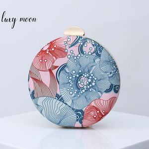 Round Clutch Women Elegant Flower Printing Party Wedding Evening Purse Handbag