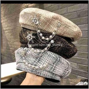 Berets Hats Caps Hats, Scarves & Gloves Aessories Fashion Pearl Rhinestone Plaid Wool Winter Women Flat Top Knitted Cashmere Hat Beret Drop D