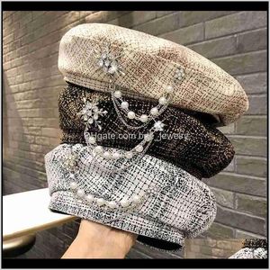 Berretti Cappelli Berretti Cappelli, Sciarpe Guanti Aessories Moda Perla Strass Plaid Lana Inverno Donna Flat Top Cappello in cashmere lavorato a maglia Berretto Drop D