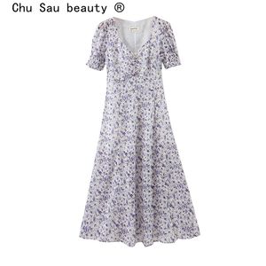Chu Sau Beauty Fashion Sweet Style Vintage Floral Print Split Dress Kobiety Wakacje Chic Głębokie Neck Summer Midi Dresses 210508