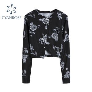 Preto Manga Longa Gráfico Tees Mulheres Impressão Floral Único Breasted O Pescoço Vintage Curto T Camisa Senhora Stretchy Slim Sexy Crop Top 210417