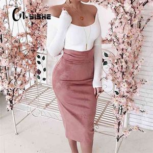 Cnyishe Midi High Waist Suede Pencil Kjolar Kvinnor Höst Mode Bodycon Sexig Slim Kjol Regular Office Lady Bottoms 210629