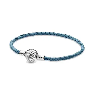 Bel gioielli autentici 925 argento sterling 925 perline in forma Pandora Braccialetti di fascino r conchiglia chiusura turchese in pelle intrecciata catena di sicurezza pendente perline fai da te perline