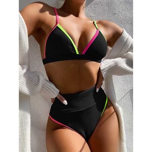 Zafuaz Wysoka talia Bikini Set Push Up Swimsuit String Pasek Stroje Kąpielowe Kobiety Solid Patchwork Kitnitur Summer Beach Nosić 210604