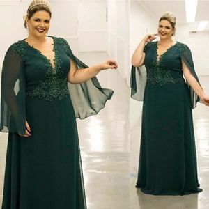 of Long Mother the Bride Dresses 2021 Capelet Floor Length Deep V-neck Beads Chiffon Plus Size Vestido De Madrinha Farsali