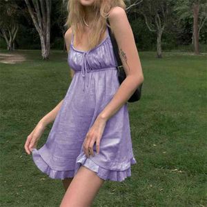 ハイウエストドレス韓国人紫色の包帯スリップバックレスフリルカワイイY2K審美的ミニES女性210529