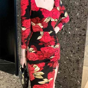 İlkbahar ve Sonbahar Tay Tasarım Katlanır Eski Baskı F Açık Çatal Elbise Polyester Ofis Lady Kılıf 210416