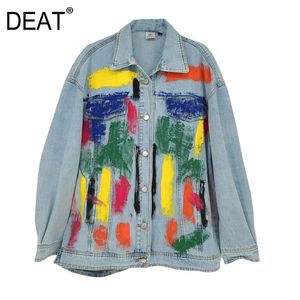 summer women clothes turn-down collar full sleeves colored printed single breasted light blue denim jacket female WP90505 210421