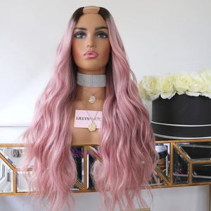 Ombre Pink Body Wave U Part Parrucca Parrucche per capelli umani Parrucche bionde medio aperte Upart per donna Glueless 180 Densità Remy Hair