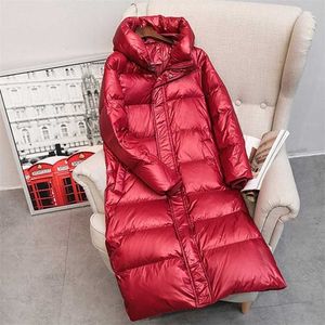 Höst Vinter 90% Vit Duck Down Long Women Coat Kvinna Tjock Varma Parkas Hooded Jacket 211013