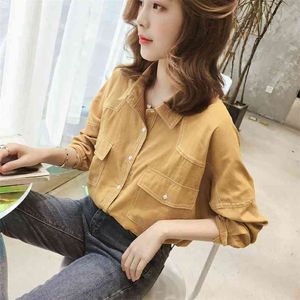 春の韓国のファッションの女性の緩いカジュアルな長袖シャツダブルポケットヴィンテージ黄色いブラウスフェムミブロスプラスサイズS807 210512