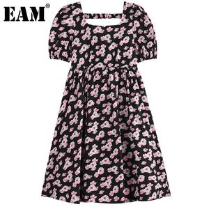 [EAM] Women Printed Pleated Hollow Out Backless Dress Square Neck Short Sleeve Loose Fit Fashion Spring Summer 1DD7897 21512