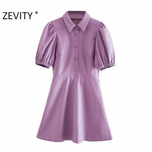 Zevity Women Vintage Solid Färg Platser Puff Sleeve En linje Shirtdress Ladies PU Läder Vestidos Chic Brand Slim Dresses DS4515 210419