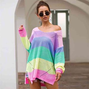 Foridol v neck knitted rainbow oversized sweater women vintage stripe pink sweater jumper autumn winter slit sweater 210415
