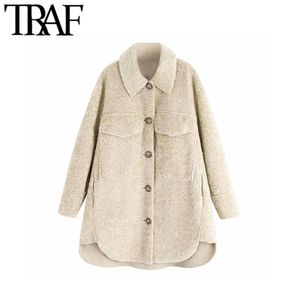 TRAF Women Vintage Stylish Pockets Loose Fleece Jacket Coat Fashion Long Sleeve Side Vents Irregular Female Outerwear Chic Tops 210415