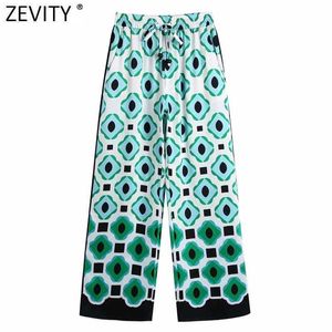 Zevity Women Vintage Geometric Print Elastic Waist Casual Wide Leg Pants Retro Female Chic Color Match Long Trousers P1085 210603