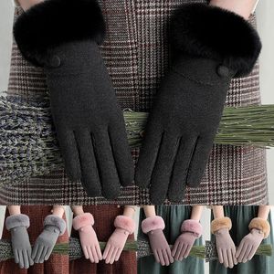Cinco dedos Guantes Finger Full Faux Frux Fur Winter Mano Calentador Espesar Mittens Plus Velvet Inside Solid Outdoor Cycling Touch Screen Glove