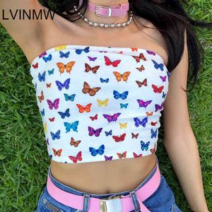 LVINMW Sexy Multicolor Butterfly Print StraplSlash Neck Tube Tops Fashion 2019 Summer Women Slim Crop Tops Female Streetwear X0507