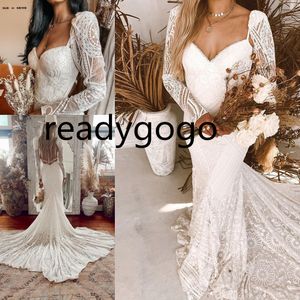 Vintage Crochet Cotton Lace Bröllopsklänningar 2022 Sexig Långärmad Baklösa Mermaid Sweetheart Bohemian Beach Wedding Bridal Gown