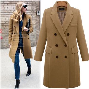 Women's Wool Blends 2021 Autumn Winter Coat Kvinnor Rak Lång blandningsjacka Elegant Bourgogne Black Office Lady