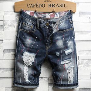 Men's Jeans Men Summer Hole Ripped Denim Short Casual Knee Length Distressed Jean Breeches Graphic Stacked Pantalon Moto Homme